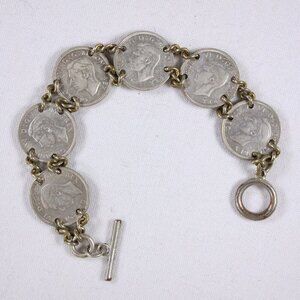 1940s George VI silver Sixpence coin bracelet 7", WWII vintage lucky coin